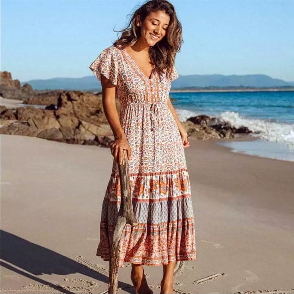 Boho Floral Gypsy Stripe Print Maxi Dress teal - Picture 7 of 16
